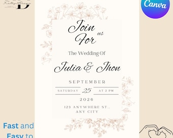 Neutral Floral Wedding Invitation, Elegant Canva Template (Digital Download)