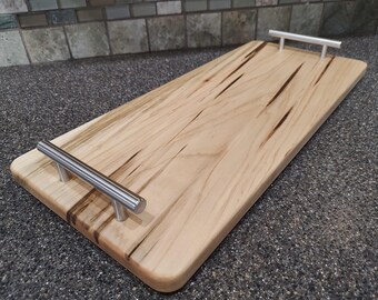 Handcrafted Ambrosia Maple Serving Tray: Rustic Cheese Board with Nickel Handles