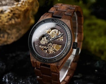 Mechanische Uhr aus Holz mit Gravur, handgefertigte Uhr im Steampunk-Stil, individuelle Geschenke für Ihn + Geschenkbox aus Holz inklusive, Handschrift graviert