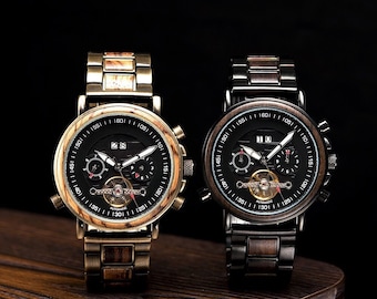 Reloj mecánico - 44 mm/38 mm, reloj de madera grabado en nogal oscuro y opciones doradas, reloj de madera personalizado, reloj hecho a mano + caja de regalo