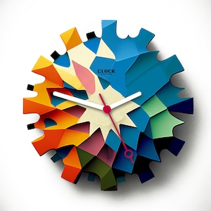 Op de afbeelding: Een kleurrijke, geometrische klok met een witte wijzerplaat en zwarte wijzers. De klok is gemaakt van papier en heeft een uniek, modern ontwerp. De tekst "CLOCK COUTURE" is op de wijzerplaat van de klok gedrukt.