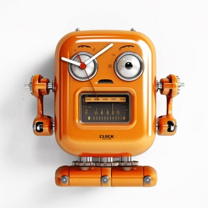 May include: Orange robot clock with a white clock face and black hands. The clock has a dial with numbers and the words "CLOCK COUTURE".