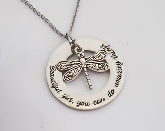 Beautiful Girl, You Can Do Amazing Things Hand Stamped Necklace with Dragonfly