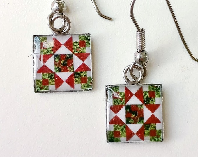 Tiny Christmas Colors and Quilt Design Resin Earrings