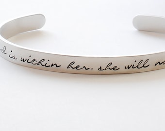 Stamped Metal Bracelet "God is within her, she will not fall"