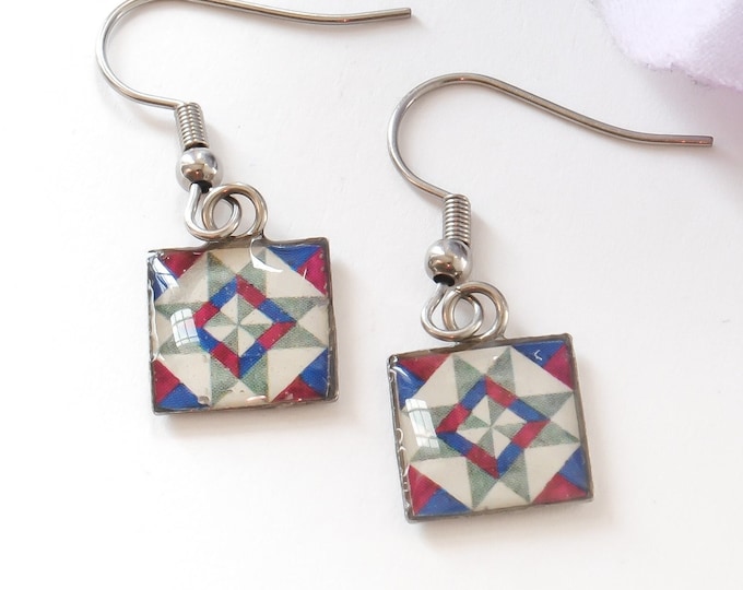 Tiny Quilt Design Resin Earrings