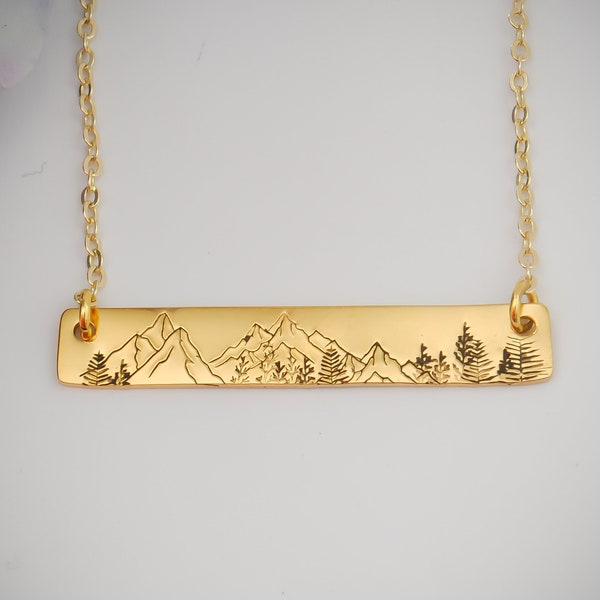 Mountains and Trees bar necklace Gold or Rose Gold