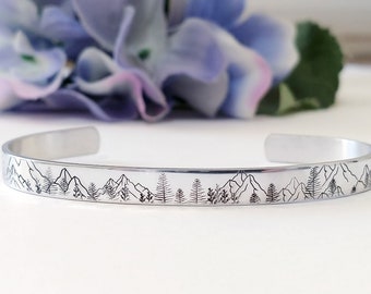 Mountains and Trees Stamped Metal Bracelet