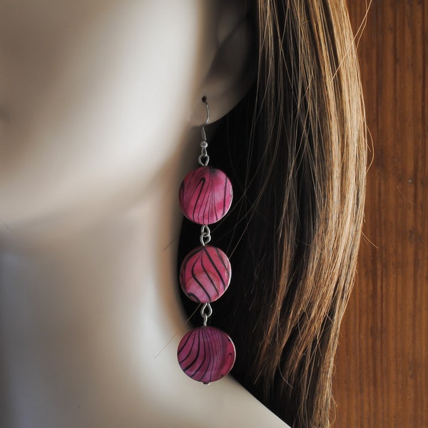 Hot Pink Zebra Striped Mother of Pearl Beaded Earrings