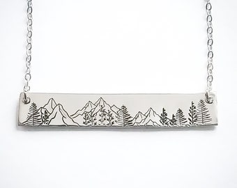 Mountains and Trees Stamped Bar Necklace