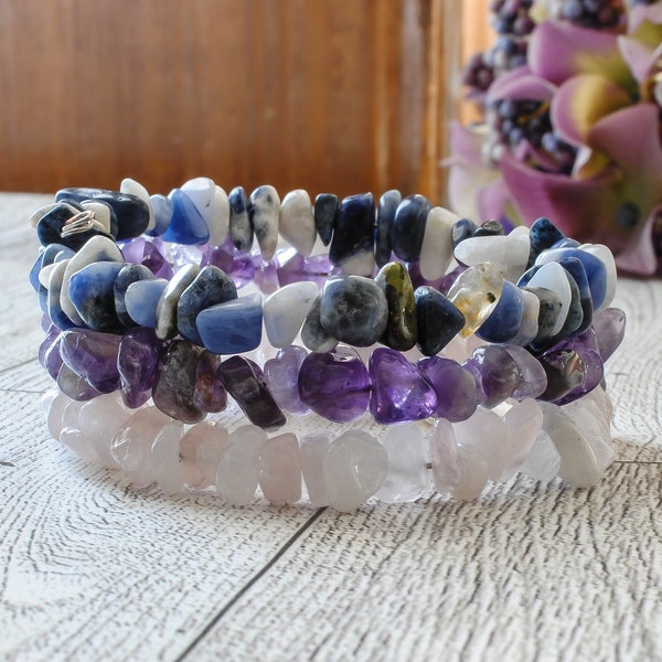 Natural Gemstone Chips Memory Wire Bracelet Amethyst Rose Quartz Sodalite