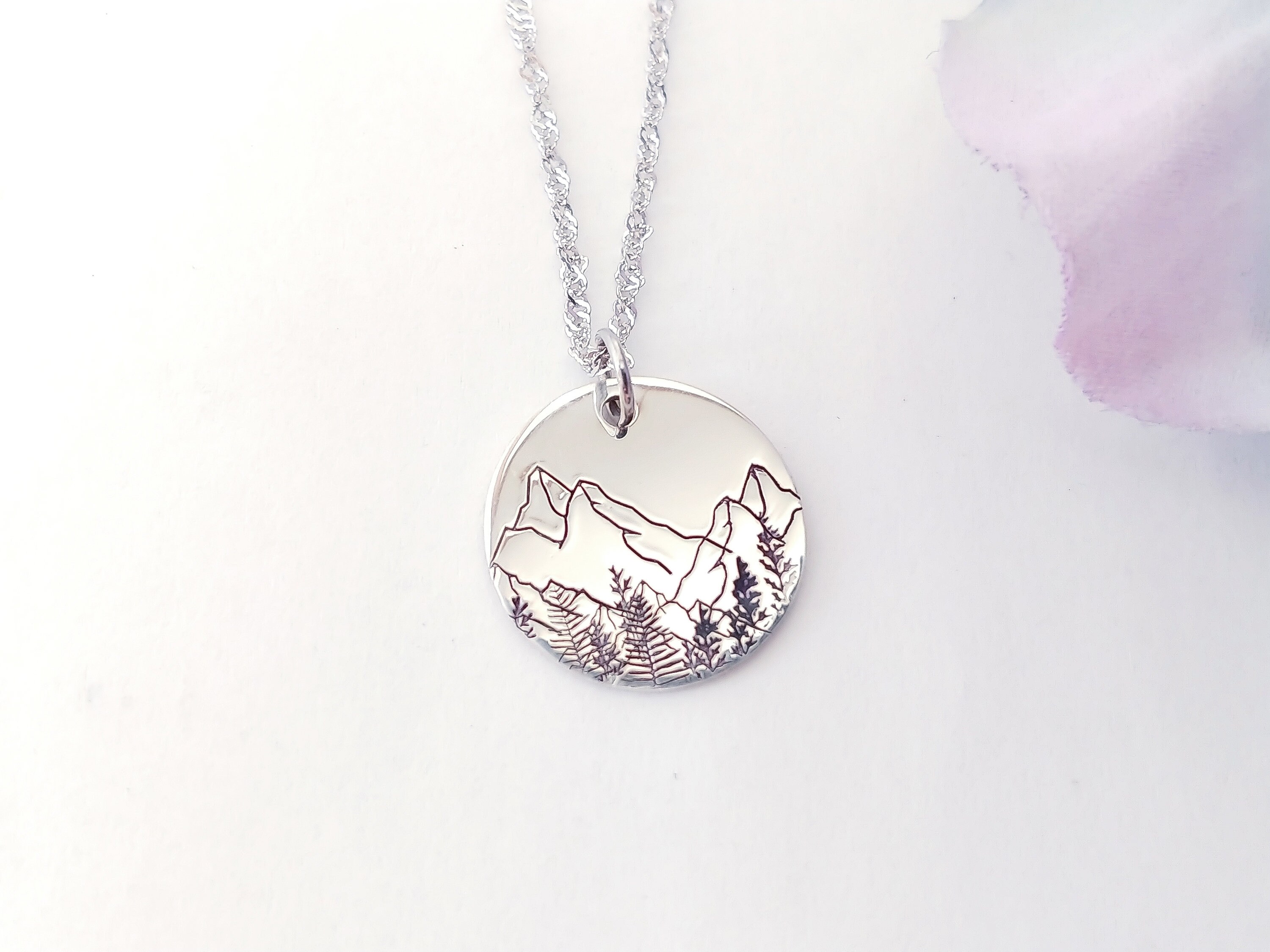 Mountain Scene Tiny Sterling Silver Stamped Necklace - Etsy