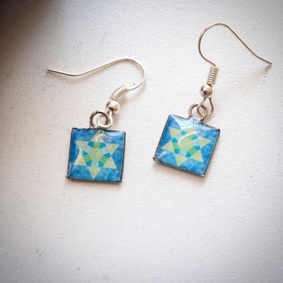 Tiny Resin Quilt Block Earrings in Blue and Green Etsy