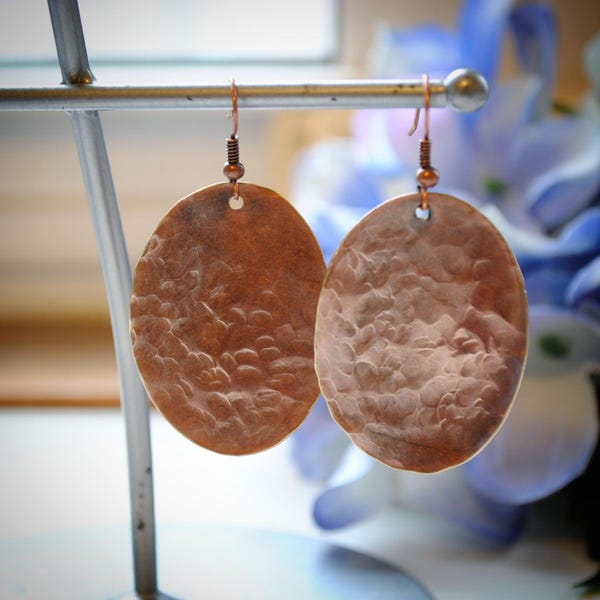 Large Oval Distressed Copper Hammered Earrings
