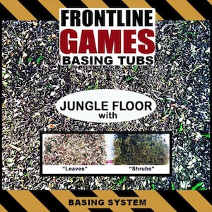 May include: A close-up of a jungle floor basing system for tabletop gaming. The system includes two types of basing material: "Leaves" and "Shrubs". The image is from Frontline Games Basing Tubs.