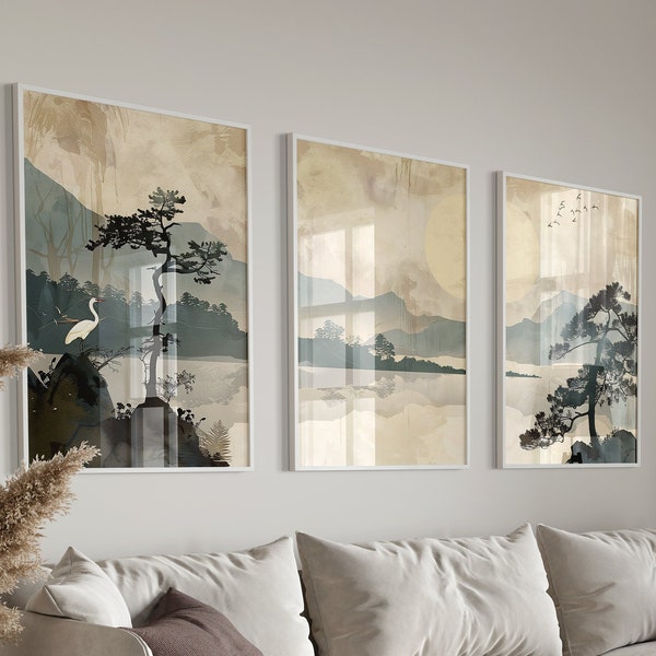 Japandi Style Neutral Color Wall Art Minimalist Japanese Landscape Printable Art Crane at Lake Set of 3 Home Decor Instant Digital Download