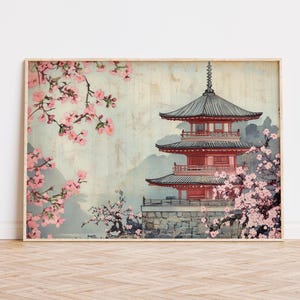Japandi Woodblock Wall Art – Printable Japanese Pagoda with Cherry Blossoms, Temple Landscape, Digital Download Art Print