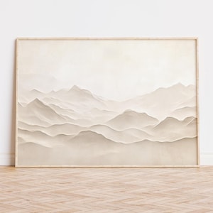 Arte mural horizontal japonés limpio, paisaje montañoso neutro imprimible, póster minimalista, decoración escandinava color crema, descarga instantánea