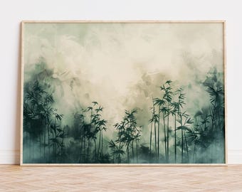 Utskrivbar väggkonst i bambu – Digital nedladdning i Japandi-stil, Zen-natur, bläckbambuskog, minimalistisk Wabi Sabi-dekor, horisontellt tryck