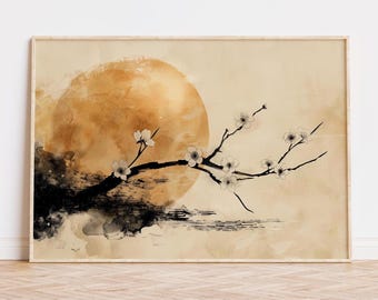 Kirschblüten Wand Kunst zum ausdrucken - Japandi Wabi Sabi Stil Digitaler Download, Tinte Blumenzweig, minimalistisches Zen Dekor, horizontale Kunst