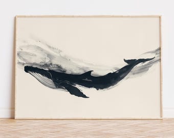 Arte mural de ballenas japonesas: ballena imprimible con estilo de tinta horizontal, descarga digital minimalista del océano, decoración serena de animales marinos.
