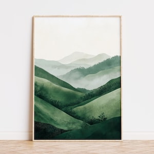 Dunkelgrüne Japandi Wandkunst, minimalistische japanische Grass Felder druckbare Poster Kunst, abstrakte Berglandschaft Wand-Dekor, Instant Download