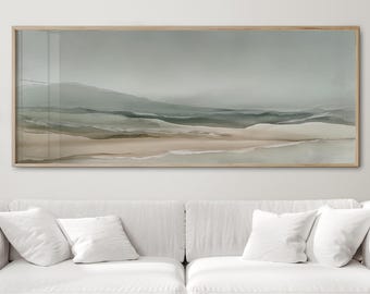 Arte mural costero horizontal grande imprimible: panorama oceánico neutro japonés para sobre el sofá, decoración playera minimalista