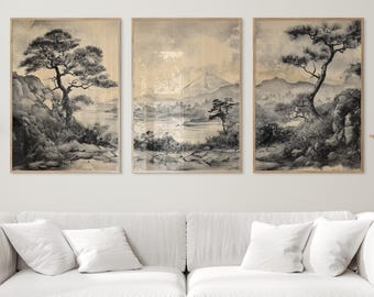 Juego de 3 impresiones artísticas de xilografía japonesas: paisaje japonés imprimible, arte zen con tinta natural, decoración minimalista para el hogar, descarga digital