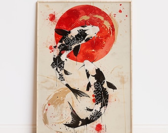 Japandi kunst aan de muur koivissen print - verticale digitale download, Japanse minimalistische kunst voor zen decor, moderne inktschilderstijl