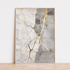 Minimalistische Kintsugi Wall Art Print, op Japandi geïnspireerde grijze en gouden Wabi Sabi-kunst, afdrukbare abstracte gouden crackposter, Instant Download