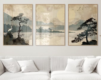 Japandi Wall Art Set of 3 – Neutral Crane Landscape Prints | Calm Printable Decor | Japanese Minimalist Digital Download