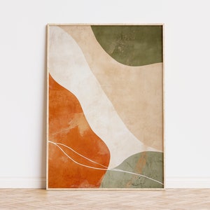Arte mural abstracto japonés, verde y naranja, decoración minimalista escandinava con formas orgánicas, póster japonés sereno, descarga instantánea