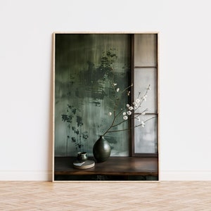 Arte de pared con flores wabi sabi de color verde oscuro, jarrón de flores de cerezo de estilo japandi para imprimir, póster artístico tradicional japonés para el hogar, descarga instantánea