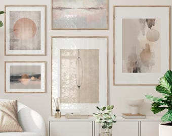 Minimalistyczny zestaw 5 grafik ściennych – Japandi Gallery Wall Prints, neutralny zestaw plakatów abstrakcyjnych, nowoczesne dzieła sztuki zen, wystrój salonu w ziemistym beżu