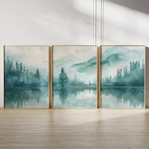 Misty Forest Lake Wall Art Set of 3, Japandi Mountain Landscape Print, Calm Nature Decor, Tranquil Green Watercolor, Instant Download