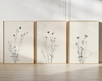 Minimalist Beige Japandi Wall Art Set of 3, Neutral Japanese Wildflower Printable Gallery Wall, Wild Flower Nature Decor, Instant Download