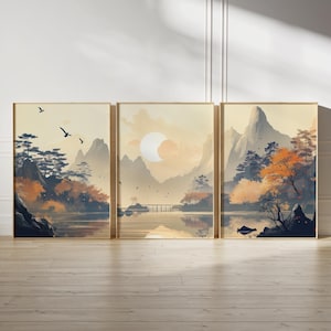 Warm Japandi Landschaft, Kunst Set von 3, orange und gelb japanischer Herbst zum Ausdrucken, Zen Poster, ruhige Dekoration, Instant Download