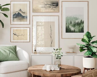 Japandi Nature Wall Art Set of 5 – Zen Forest, Minimal Mountains & Botanical Prints, Printable Landscape Calm Gallery Wall, Instant Download