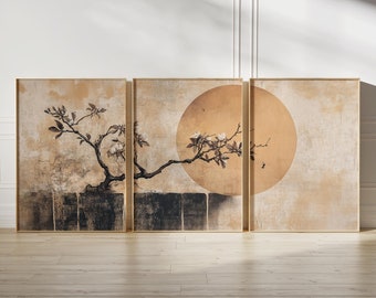 Minimalist Earthy Japandi Wall Art Set of 3, Beige & Brown Japanese Tree Printable Gallery Wall, Neutral Abstract Sun Art, Instant Download