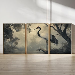 Juego de 3 piezas de arte mural de estilo japonés, arte imprimible de paisaje verde sereno, impresión de póster de bosque japonés, decoración de grúa en el lago, descarga instantánea