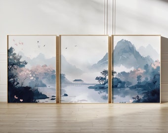 ダークグリーンの Japandi ウォールアート 2 点セット、日本の町の