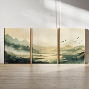 Japandi Olivgrün Wand Kunst 3er Set, traditionelle japanische Stadt Landschaft druckbare Galeriekunst, dunkelgrüne Bürodekoration, Instant Download