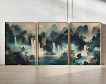 Japandi Waterfall Art Set: Blue & Green Landscape Triptych (Digital Download