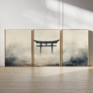 Japandi Landmark Wall Art Set of 3 – Torii Gate Printable, Japanese Shinto Shrine Decor, Minimalist Zen Art, Digital Download