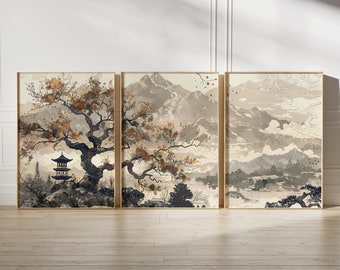 Juego de 3 piezas de arte mural Ukiyo-e neutro, árbol Japandi minimalista, decoración de pared con bloques de madera imprimibles, decoración de paisaje japonés para el hogar, descarga instantánea