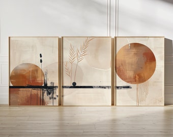 Japandi Style Beige & Brown Wall Art, Minimalist Japanese Printable Art, Reeds and Sun on Abstract Background, Set of 3, Instant Download