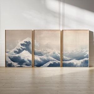 Blue Waves Japandi Wall Art Set of 3, Light Japanese Abstract Printable Art, Wabi Sabi Gallery Wall, Beige Poster Print, Instant Download