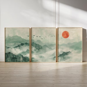 Juego de 3 piezas de arte mural verde salvia de Japandi, paisaje de montaña japonés minimalista, arte imprimible, decoración de oficina zen con luna llena, descarga instantánea