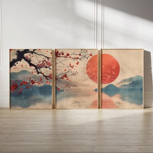 Japanse afdrukbare muurkunst set van 3, Zen Japandi wanddecoratie, warme houtsnede landschapskunst, minimalistisch interieur woonkamer direct downloaden