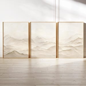 Saubere Japandi Wand Kunst Set von 3, neutrale japanische Berglandschaft zum ausdrucken, minimalistische Poster Kunst, Creme Skandi Dekor, Instant Download